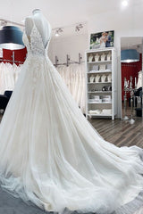 Wedding Dresses Summer, Long A-line V-neck Spaghetti Straps Tulle Lace Backless Wedding Dress
