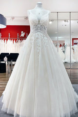 Wedding Dress Accessory, Long A-line V-neck Spaghetti Straps Tulle Lace Backless Wedding Dress