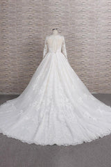 Wedding Dresses Inspired, Long A-line V-neck Tulle Appliques Lace Wedding Dress with Sleeves