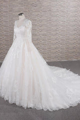 Wedding Dresses Under 1005, Long A-line V-neck Tulle Appliques Lace Wedding Dress with Sleeves