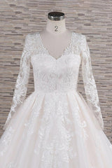 Wedding Dress Long, Long A-line V-neck Tulle Appliques Lace Wedding Dress with Sleeves