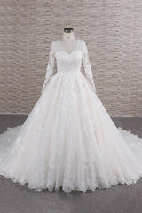 Wedding Dress Sleeves, Long A-line V-neck Tulle Appliques Lace Wedding Dress with Sleeves