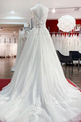 Wedding Dress For Outside Wedding, Long A-line V-neck Tulle Lace White Ruffles Wedding Dresses