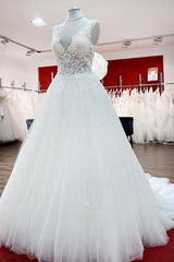 Wedding Dresses Website, Long A-line V-neck Tulle Lace White Ruffles Wedding Dresses
