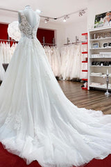 Wedding Dresses Websites, Long A-line V-neck Tulle Lace White Ruffles Wedding Dresses