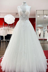 Wedding Dress Modern, Long A-line V-neck Tulle Lace White Ruffles Wedding Dresses