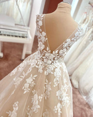 Wedding Dresses Backless, Long A-Line V-neck Wide Straps Backless Appliques Lace Tulle Wedding Dress