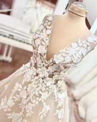 Wedding Dresses Bridesmaids, Long A-Line V-neck Wide Straps Backless Appliques Lace Tulle Wedding Dress
