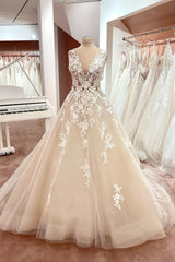 Wedding Dress Backless, Long A-Line V-neck Wide Straps Backless Appliques Lace Tulle Wedding Dress