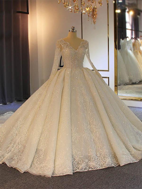 Wedding Dress Styles 2024, Long Ball Gown Lace-Up Sparkling V-Neck Wedding Dresses with Sleeves