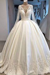 Wedding Dress Long Sleeve, Long Ball Gown Satin V-neck Wedding Dress with Sleeves