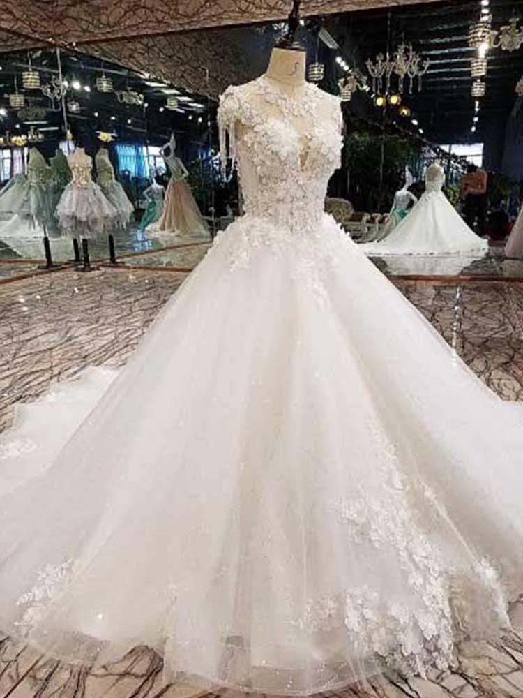 Wedding Dresses Satin, Long Ball Gown Sweetheart Appliques Tulle Wedding Dresses