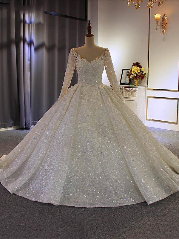 Weddings Dresses Near Me, Long Ball Gown V Neck Sequins Wedding Dresses with Sleeves