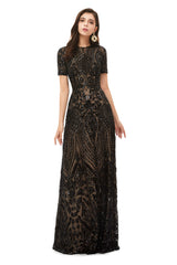 Prom 2044, Long Black Sparkly Sequins Prom Dresses With Short Sleeves