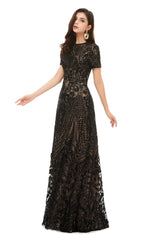 Dinner Dress Classy, Long Black Sparkly Sequins Prom Dresses With Short Sleeves