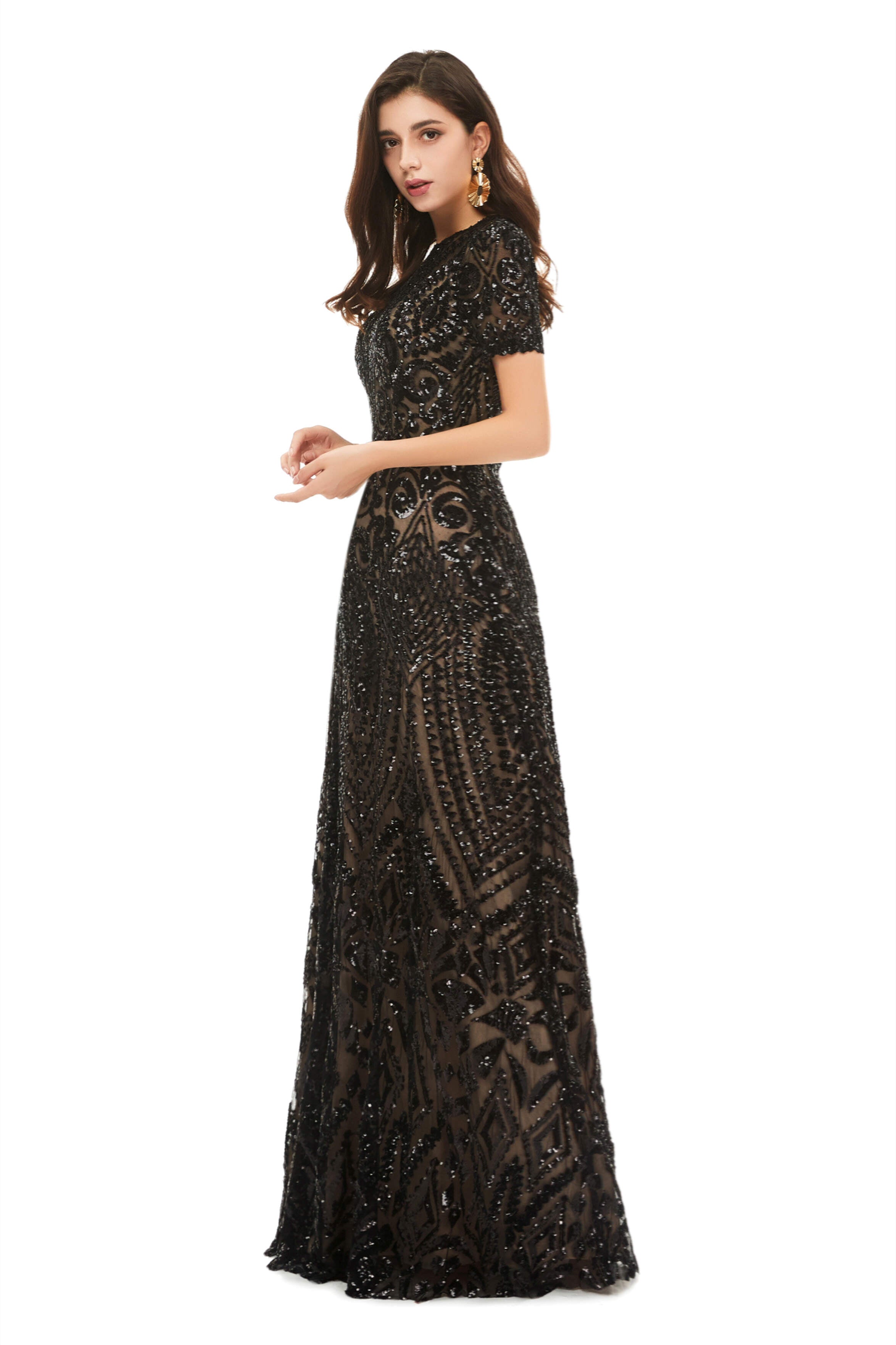 Fancy Outfit, Long Black Sparkly Sequins Prom Dresses With Short Sleeves
