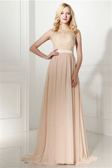 Gown, Long Chiffon Champagne Prom Dresses With Lace Bodice