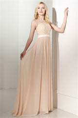 Maxi Dress, Long Chiffon Champagne Prom Dresses With Lace Bodice