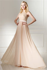 Gold Prom Dress, Long Chiffon Champagne Prom Dresses With Lace Bodice