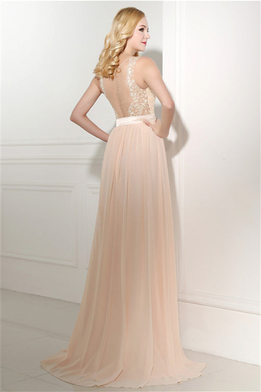 Prom Dress For Kids, Long Chiffon Champagne Prom Dresses With Lace Bodice