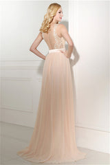 Prom Dress For Kids, Long Chiffon Champagne Prom Dresses With Lace Bodice
