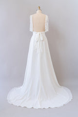 Wedding Dresses Price, Long Empire A-line V-neck Lace Chiffon Open Back Wedding Dress