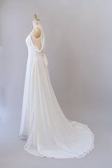 Wedding Dresses Prices, Long Empire A-line V-neck Lace Chiffon Open Back Wedding Dress