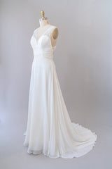 Wedding Dress Price, Long Empire A-line V-neck Lace Chiffon Open Back Wedding Dress