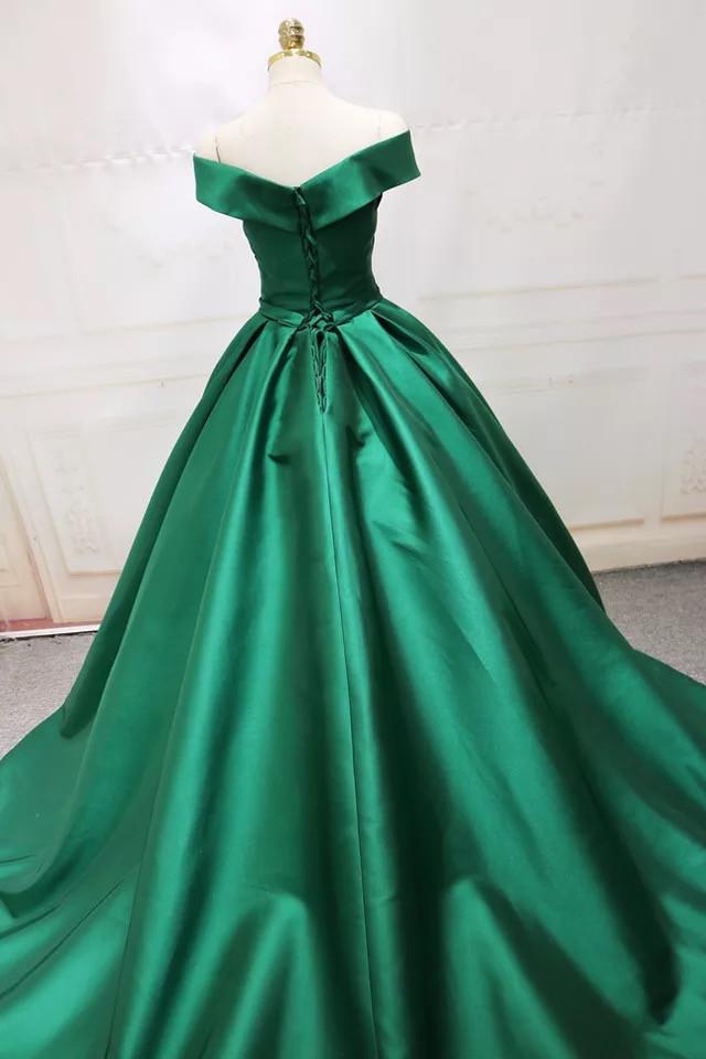 Winter Wedding, Long Green Satin V-neck Ball Gowns Prom Dresses Off The Shoulder