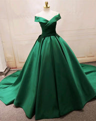 Bridesmaid Dresses Yellow, Long Green Satin V-neck Ball Gowns Prom Dresses Off The Shoulder