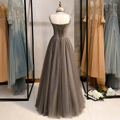 Party Dresses With Sleeves, Long Grey Tulle Prom Dress Corset With Beaded Neck A Line