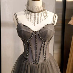 Party Dress Fall, Long Grey Tulle Prom Dress Corset With Beaded Neck A Line