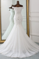 Wedding Dresses 2026, Long Mermaid Off Shoulder Lace-up Applique Lace Wedding Dress