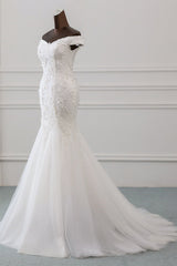 Wedding Dresses Online Shopping, Long Mermaid Off Shoulder Lace-up Applique Lace Wedding Dress