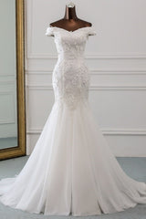 Wedding Dress Cheap, Long Mermaid Off Shoulder Lace-up Applique Lace Wedding Dress