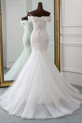 Wedding Dress Sale, Long Mermaid Off the Shoulder Appliques Lace Tulle Wedding Dress