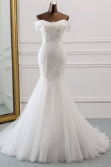 Wedding Dress Elegant, Long Mermaid Off the Shoulder Appliques Lace Tulle Wedding Dress