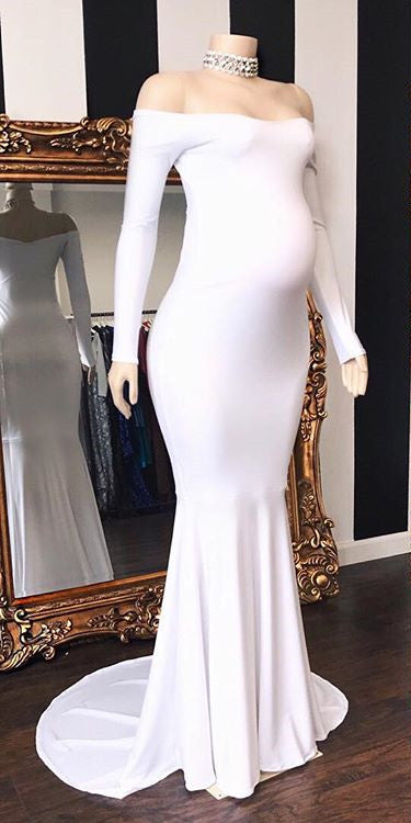 Vintage Dress, Long Mermaid Off-the-shoulder Pregnant Formal Evening Dress with Sleeves