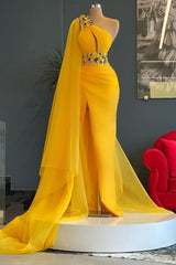 Cute Dress, Long Mermaid One Shoulder Beading Tulle Prom Dress with Slit