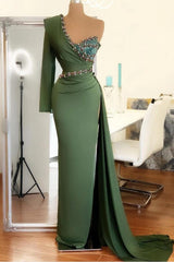 Wedding Guest Outfit, Long Mermaid One Shoulder Front Slit Prom Dress With Sleeves