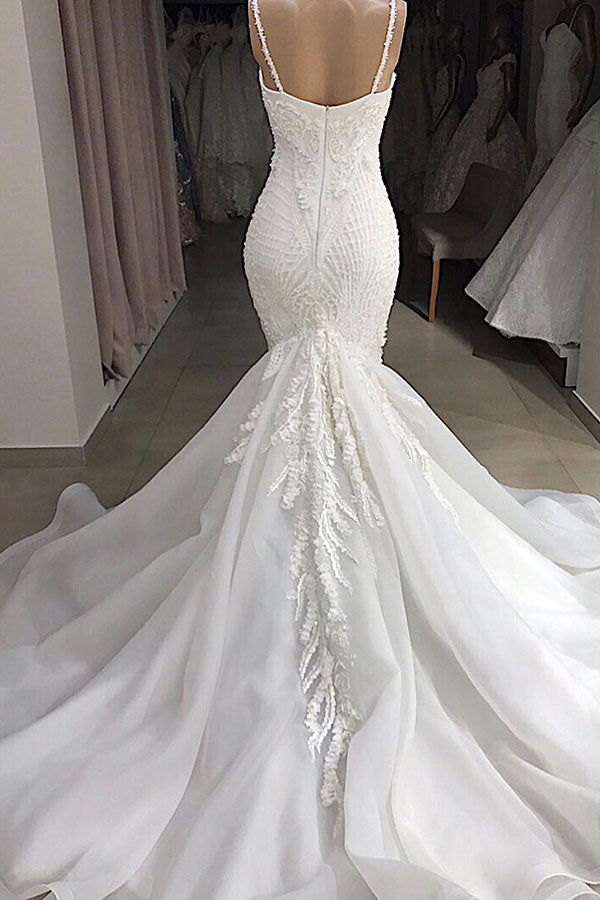 Wedding Dress Shopping, Long Mermaid Spaghetti Strap Appliques Lace Wedding Dress
