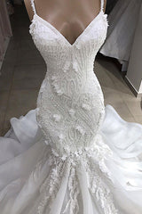 Wedding Dresses Beach, Long Mermaid Spaghetti Strap Appliques Lace Wedding Dress