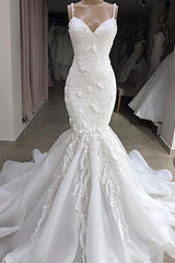 Wedding Dresses Long Sleeve, Long Mermaid Spaghetti Strap Appliques Lace Wedding Dress