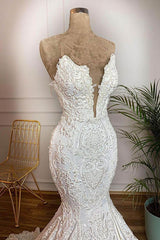 Wedding Dress Wedding Dresses, Long Mermaid Strapless Appliques Lace Satin Wedding Dress