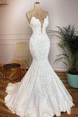 Wedding Dresses 2027, Long Mermaid Strapless Appliques Lace Satin Wedding Dress