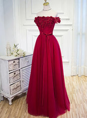 Prom Dresses Blue Lace, Long Party Dress, Off Shoulder Dark Red Prom Dress