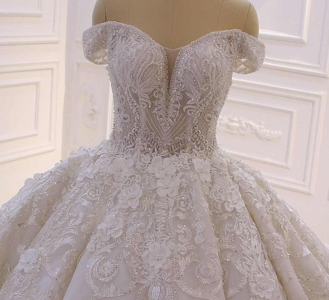 Wedding Dresses Aesthetic, Long Princess Sweetheart Off-the-Shoulder Backless Appliques Lace Ruffles Tulle Wedding Dress