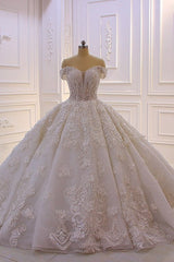 Wedding Dress Open Back, Long Princess Sweetheart Off-the-Shoulder Backless Appliques Lace Ruffles Tulle Wedding Dress