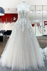 Wedding Dresses Designers, Long Princess Tulle V Neck Sequins Lace Appliques Wedding Dress