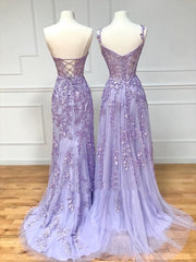 Satin Prom Dress, Long Purple Lace Prom Dresses,Unique A Line Formal Evening Dress
